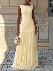 Livette - Boat Neck Pleated Maxi Dress