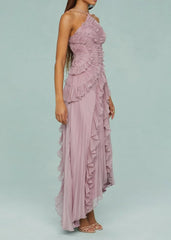 Livette - Halter Neck And Ruffles Maxi Dress
