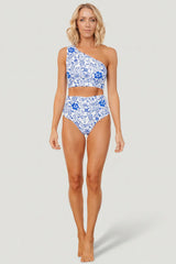 Bali High Rise Bikini Bottom | White + Cobalt Floral