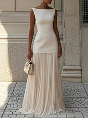 Livette - Boat Neck Pleated Maxi Dress