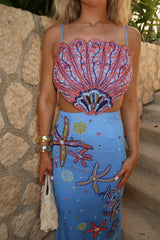 Shell Embellished Midi Dress-Blue Multi