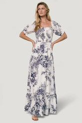 Capri Smocked Maxi Dress | Ivory + Blue Floral
