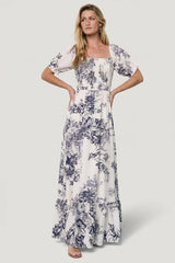 Capri Smocked Maxi Dress | Ivory + Blue Floral