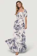 Capri Smocked Maxi Dress | Ivory + Blue Floral