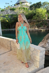 Brianna Halter Dress-Aqua/Gold