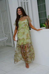 Josie Floral Organza Maxi Dress-Green Multi