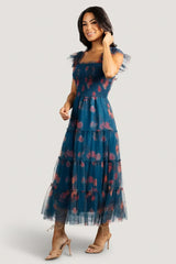 Clementine Tulle Midi Dress | Persian Blue + Rust