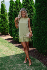 Scalloped Lace Hem Sleeveless Mini Shift Dress-Green