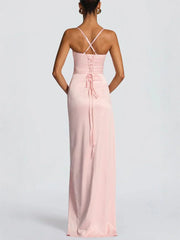 A-Line/Princess Wedding Guest Dresses Spaghetti Straps Sleeveless Floor-Length Side Split Satin Long Prom Dresses With Ruffles&Back Criss Cross Straps