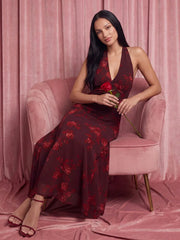 Halter V-Neck Drop Waist Georgette Midi Dress