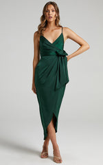 How Will I Know Midi Dress - Wrap Waist Tie Tulip Hem Dress in Emerald