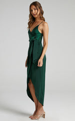 How Will I Know Midi Dress - Wrap Waist Tie Tulip Hem Dress in Emerald