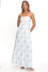 Patty Lace Trim Maxi Dress Palms White/Blue
