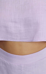 Zanrie Square Neck Crop Top and High Waist Mini Flare Shorts in Lilac Linen Look