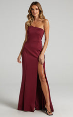 No Ones Fault Midi Dress - One Shoulder Thigh Split Dress in Wine