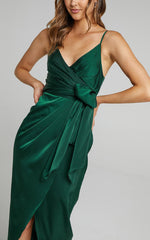 How Will I Know Midi Dress - Wrap Waist Tie Tulip Hem Dress in Emerald
