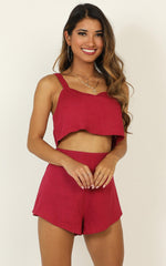 Zanrie Square Neck Crop Top and High Waist Mini Flare Shorts in Berry Linen Look