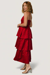 Violetta Embossed Tiered Dress | Deep Red