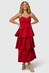 Violetta Embossed Tiered Dress | Deep Red