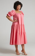 Zaharrah Midi Dress - Tiered Dress in Coral Linen Look