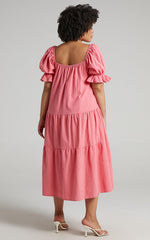 Zaharrah Midi Dress - Tiered Dress in Coral Linen Look
