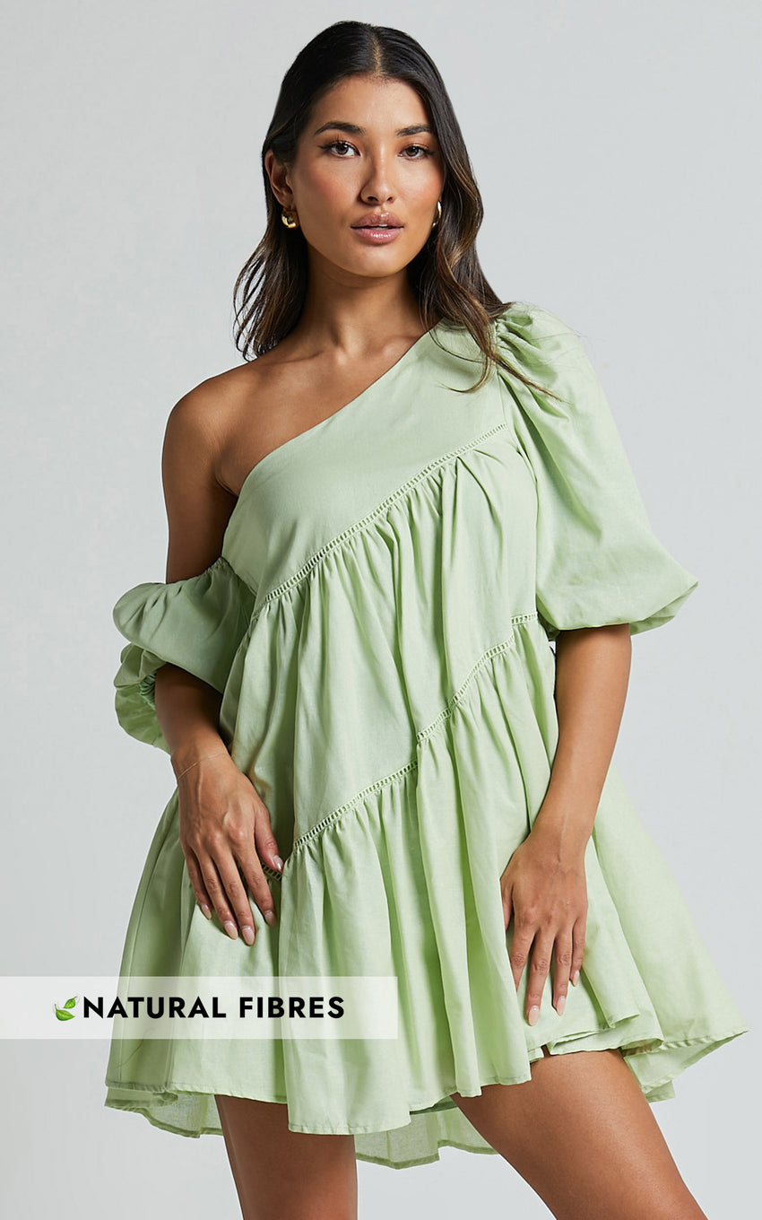 Harleen Mini Dress - Linen Asymmetrical Trim Puff Sleeve Dress in Sage