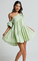 Harleen Mini Dress - Linen Asymmetrical Trim Puff Sleeve Dress in Sage