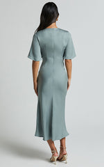 Nicholla Midi Dress - Ruched Front Angel Sleeve Slip Dress in Sage