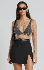 Illiana Top - Pearl Mesh Gathered Long Sleeve Top in Beige