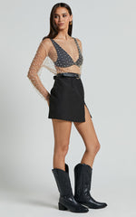 Illiana Top - Pearl Mesh Gathered Long Sleeve Top in Beige