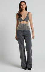 Illiana Top - Pearl Mesh Gathered Long Sleeve Top in Beige
