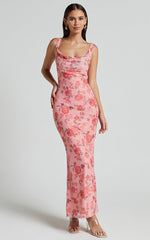 Nadine Midi Dress - Cowl Neck Low Back Mesh Slip Dress in Pink Floral