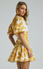 Aleka Mini Dress - V Neck Balloon Sleeve Wrap in Sunshine Floral