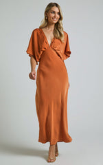 Lea Maxi Dress - Plunge Short Flutter Sleeve in Rust