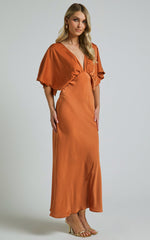 Lea Maxi Dress - Plunge Short Flutter Sleeve in Rust
