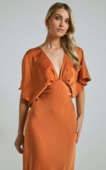Lea Maxi Dress - Plunge Short Flutter Sleeve in Rust