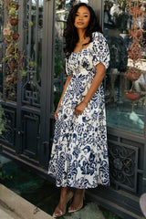 Charlotte Midi Dress | Ivory + Dark Blue