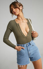 Tatem Bodysuit - Long Sleeve Button Front Bodysuit in Khaki