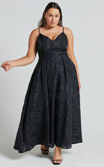 Philine Midi Dress - Jacquard Plunge Fit and Flare Dress in Black