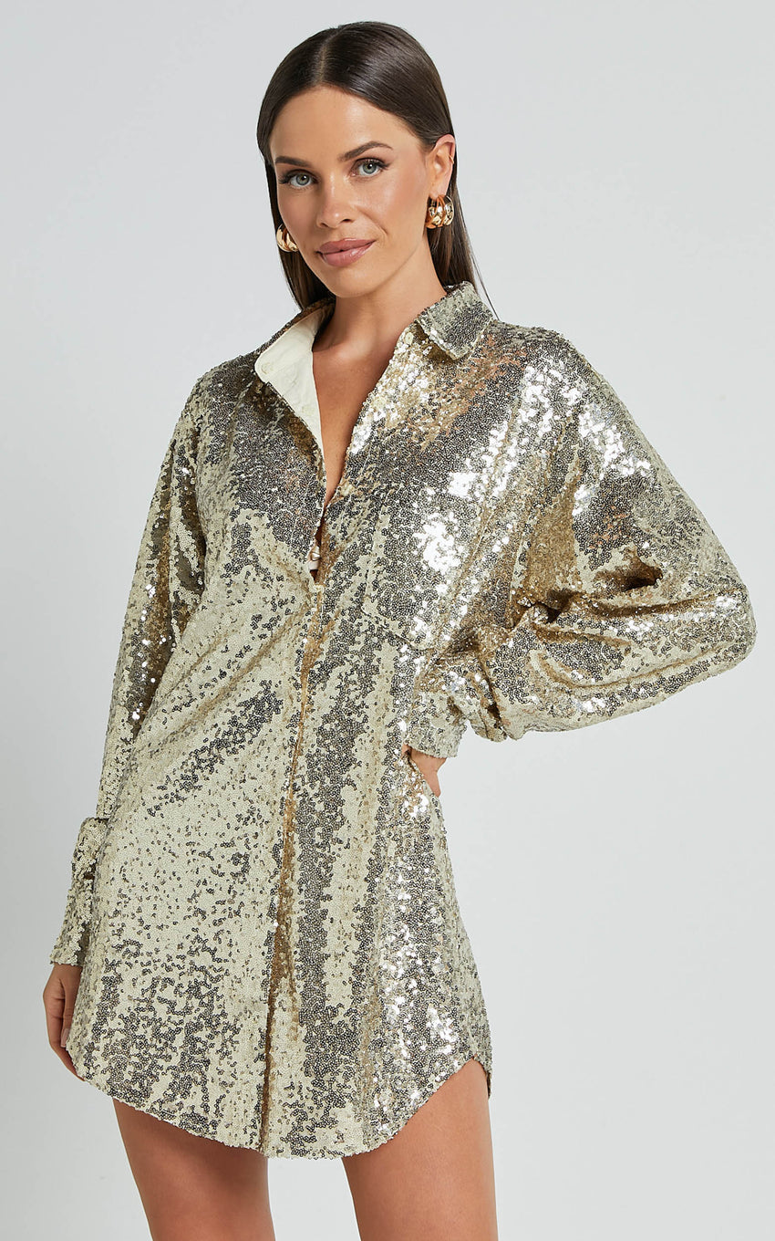 Cally Mini Dress - Oversized Shirt Dress in Gold Sequin