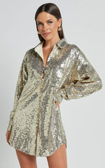 Cally Mini Dress - Oversized Shirt Dress in Gold Sequin