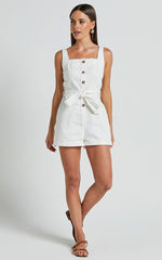 Nympha Playsuit - Square Neck Button Through Belted Playsuit in White