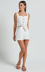 Nympha Playsuit - Square Neck Button Through Belted Playsuit in White