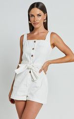 Nympha Playsuit - Square Neck Button Through Belted Playsuit in White