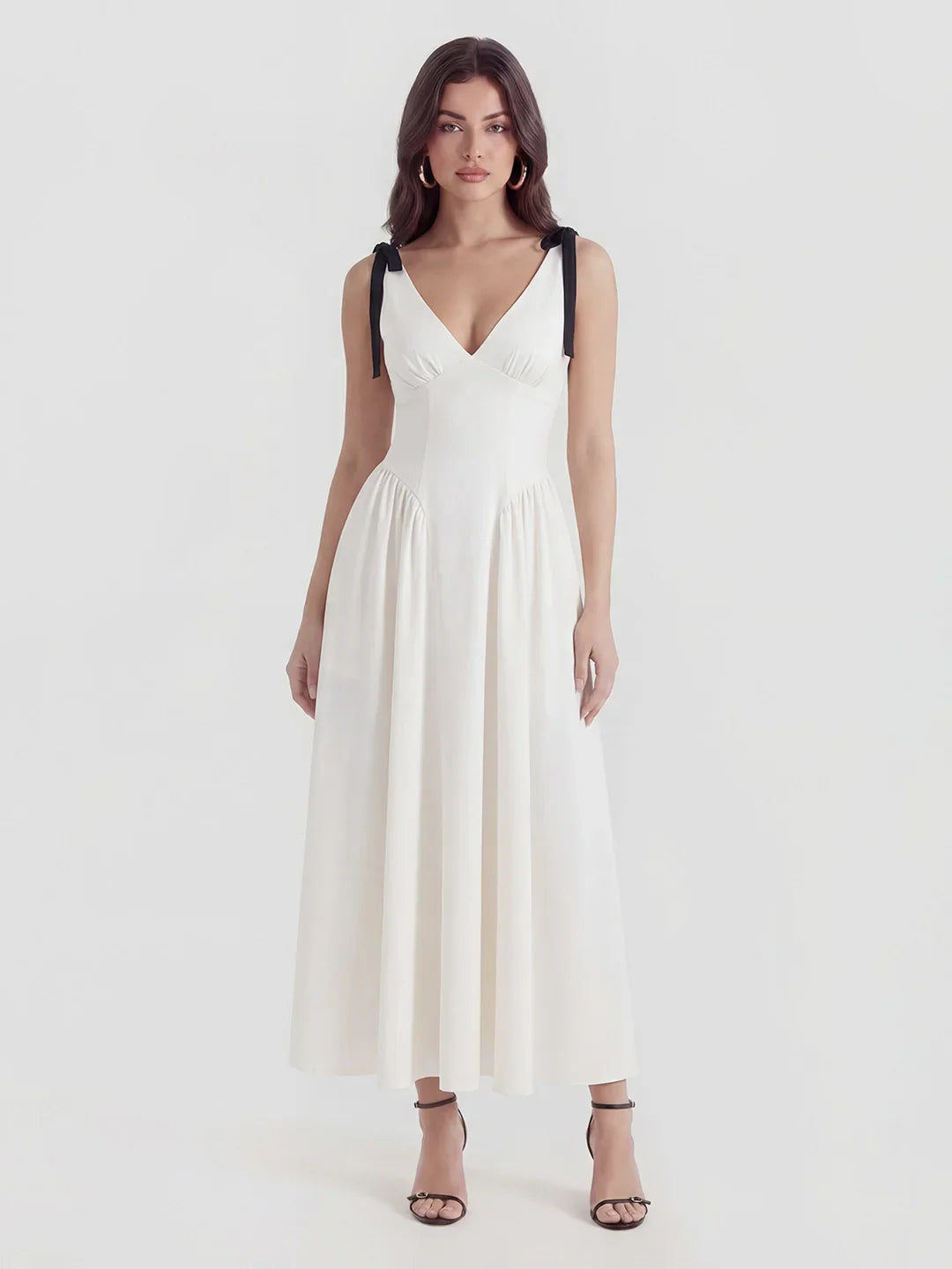 V-Neck Fitted Waist Maxi Dress With Bow Straps