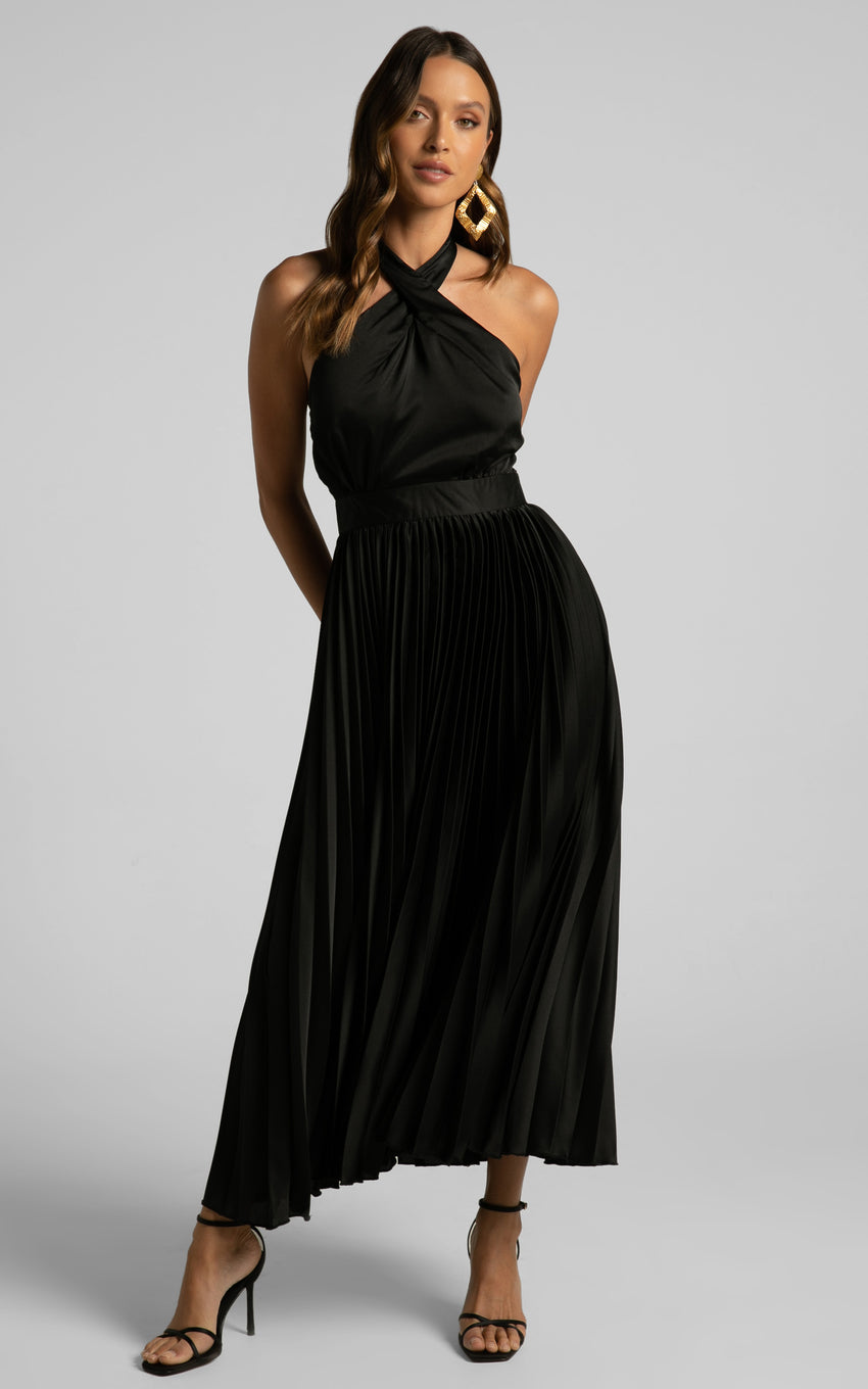 Eloise Midi Dress - Halter Neck Pleated Dress in Black