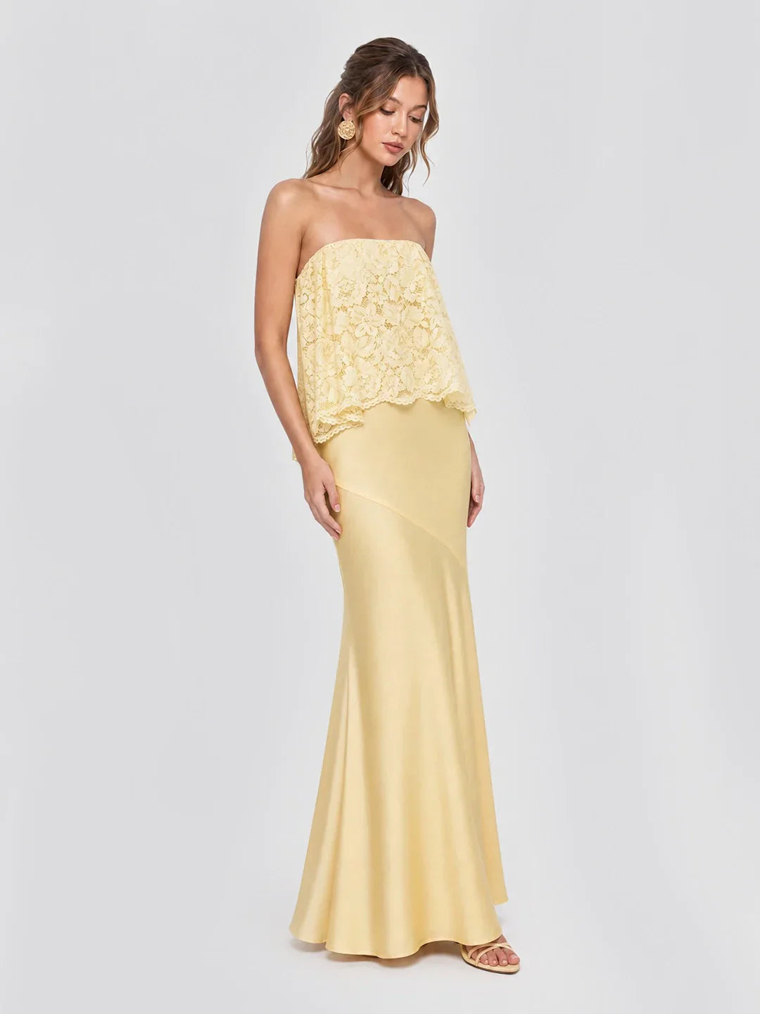 Lace Patchwork Satin Bandeau Maxi Dress