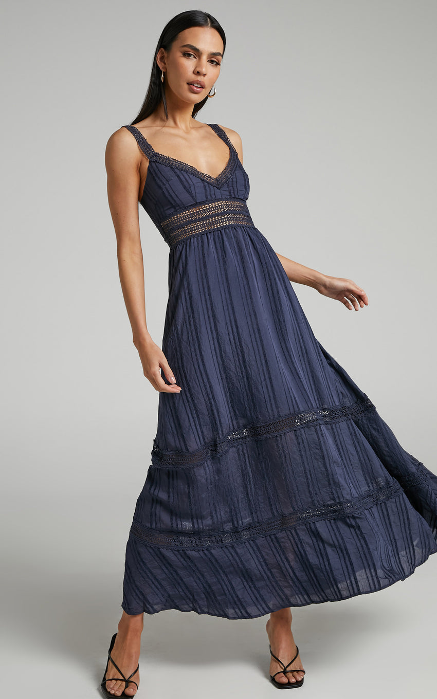 Angelique Maxi Dress - Lace Trim Dress in Navy