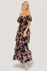 Carina Off Shoulder Maxi Dress | Black + Mauve Floral