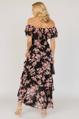 Carina Off Shoulder Maxi Dress | Black + Mauve Floral